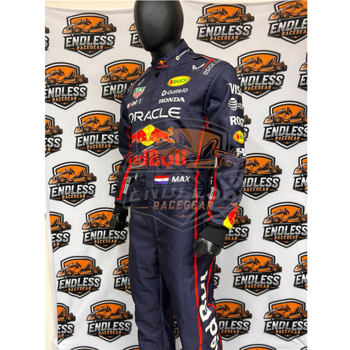 Navy racing suit back with Oracle and Red Bull logos, red piping and sponsor patches
