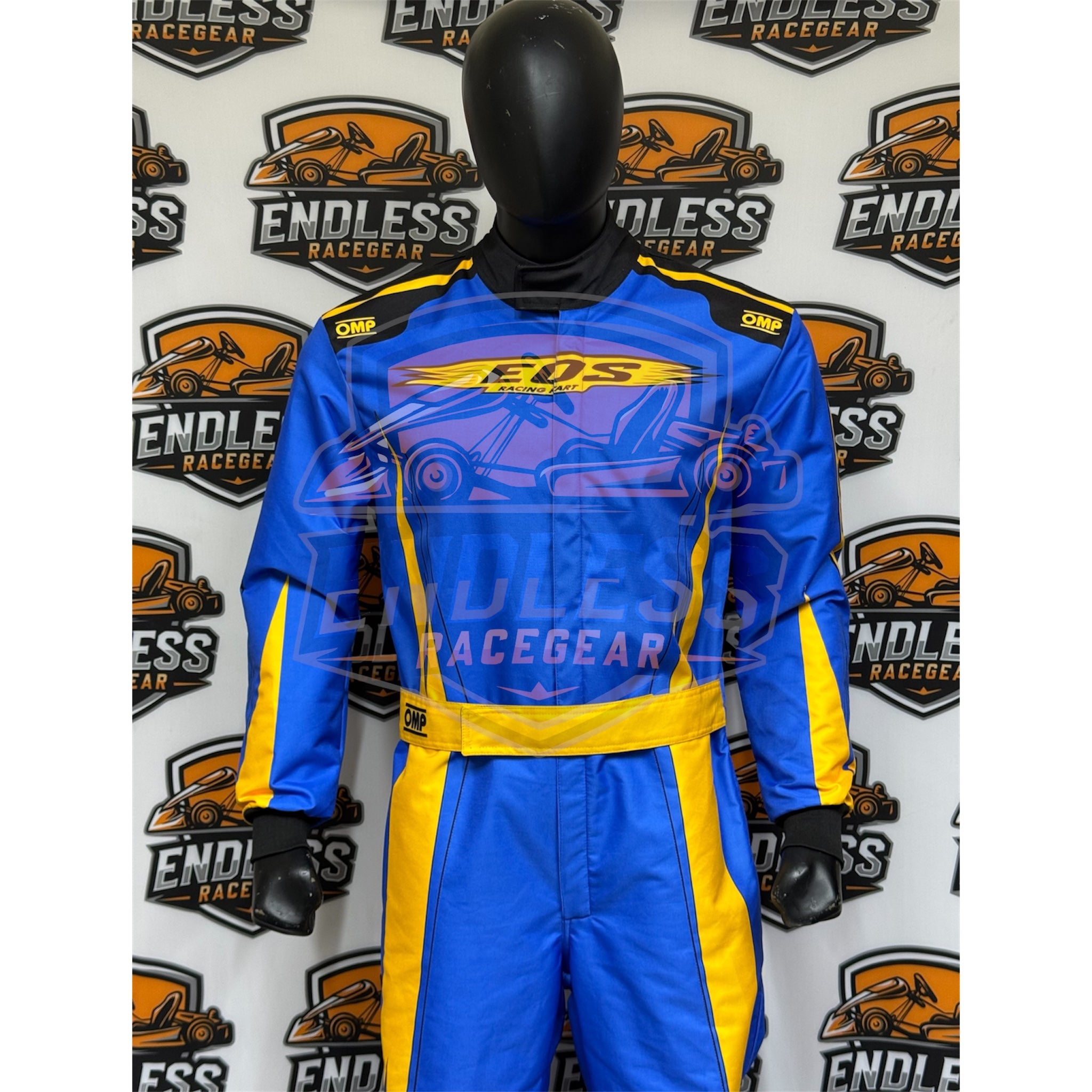 Blue go-kart racing suit with yellow belt stripe and black collar, front view.