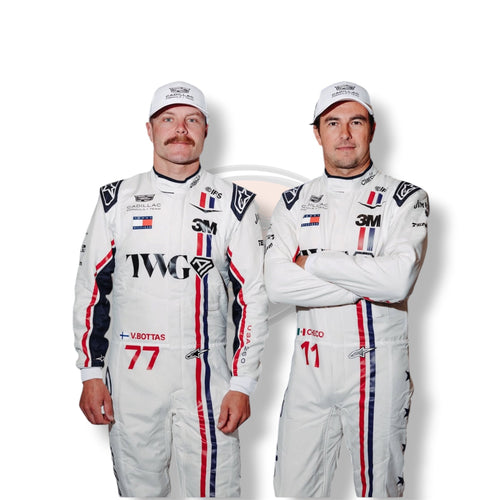 White F1 racing suit with blue and red side stripes, number 77 patch