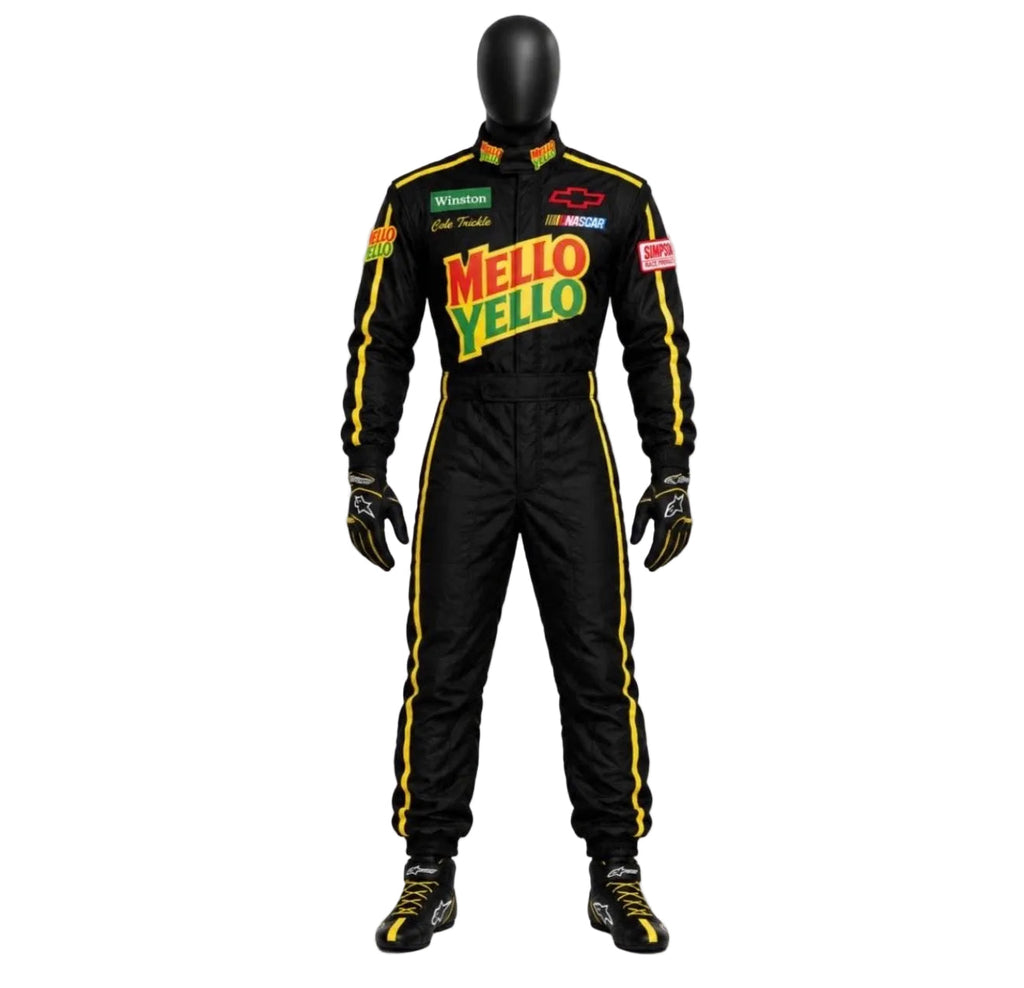 Mellow Yellow black racing suit with yellow piping, sponsor logos, gloves and shoes, front view