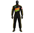 Mellow Yellow black racing suit with yellow piping, sponsor logos, gloves and shoes, front view