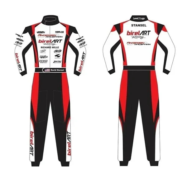 Red, black, and white racing suit with branding on a white background