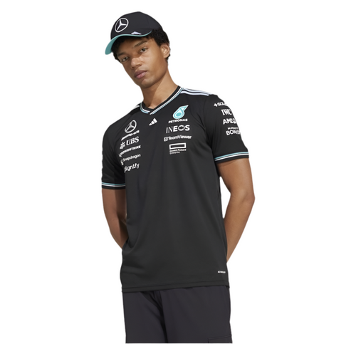 Black crewneck team driver t-shirt with front sponsor logos and blue sleeve edge trim