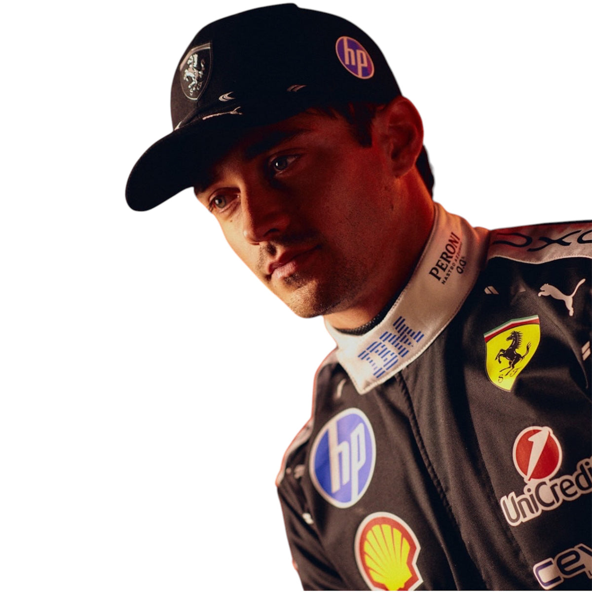 Black racing suit with cap and HP logo, Ferrari shield, and sponsor patches on sleeve