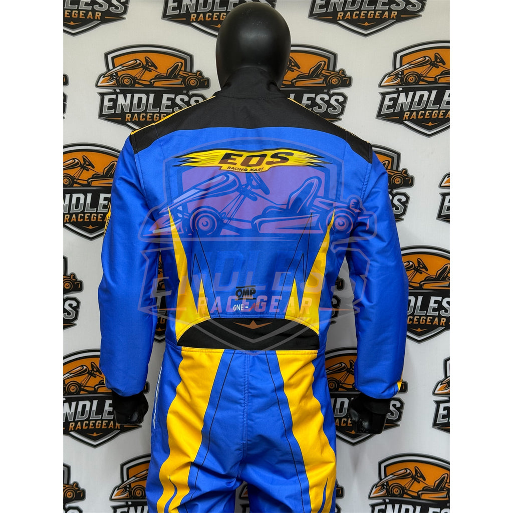 Blue go-kart racing suit with yellow and black graphic panel, back view close-up.
