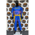 Blue go-kart racing suit with yellow belt stripe, black panels, back view.