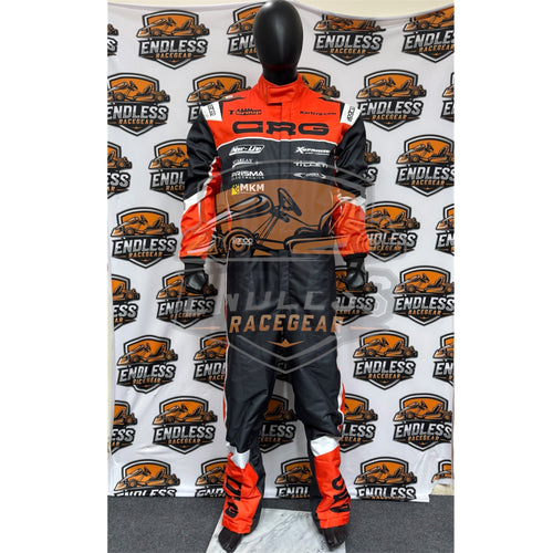 Go-kart race suit replica, orange and black with white panels and orange boots