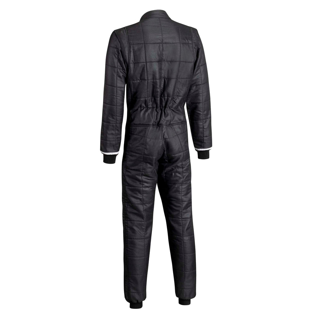 Black racing suit rear view with white sleeve cuffs
