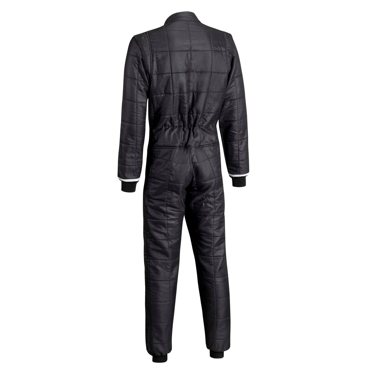 Black racing suit rear view with white sleeve cuffs