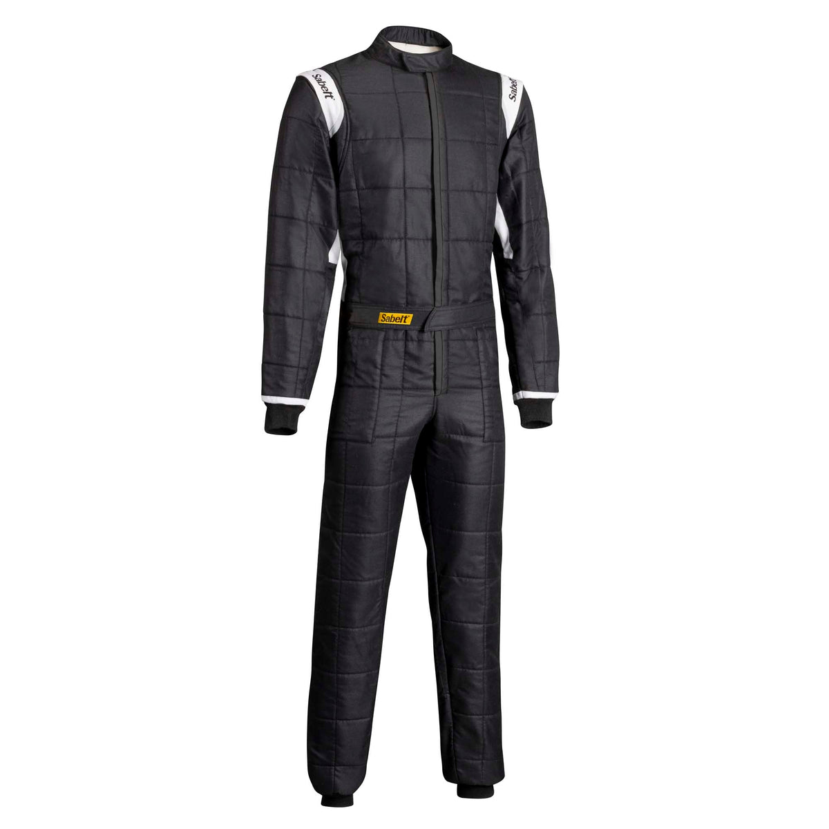 Black racing suit with white shoulder panels and front zipper