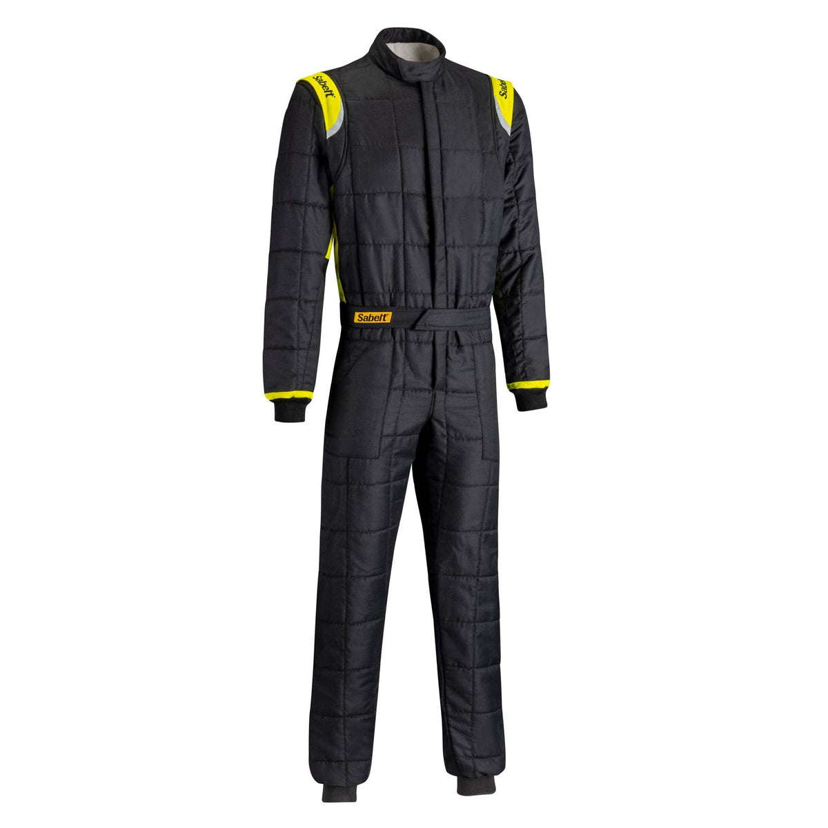 Black racing suit with yellow cuffs and shoulder accents