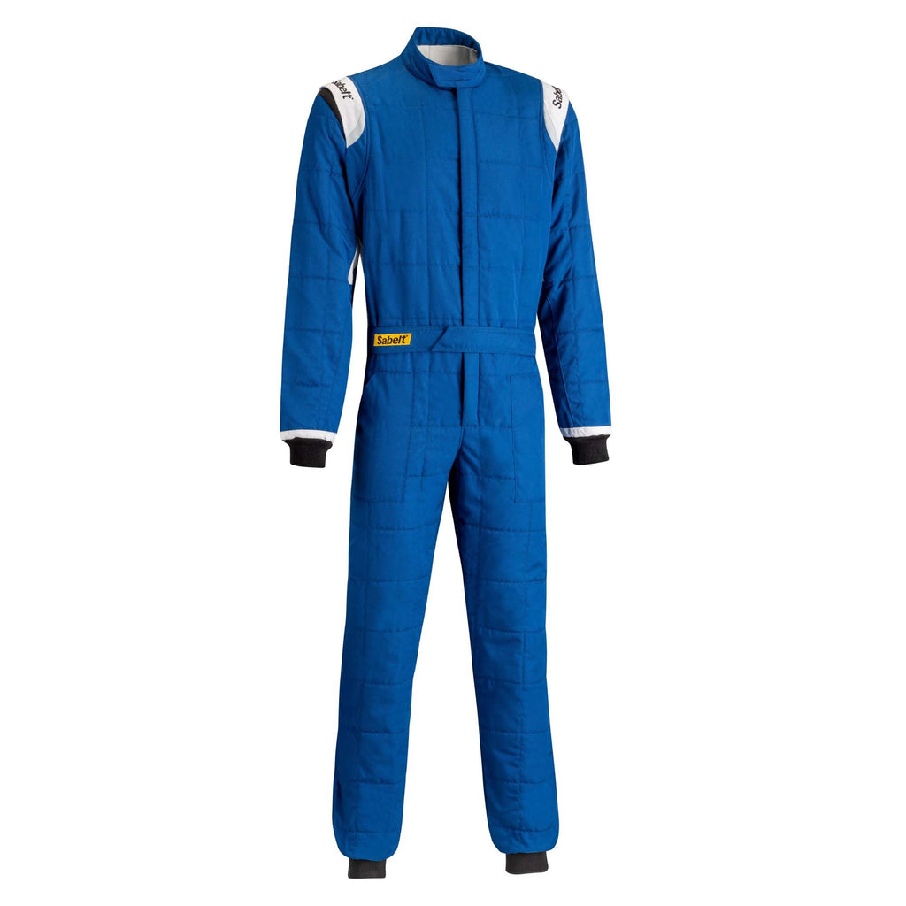 Blue racing suit with white shoulder panels and long sleeves