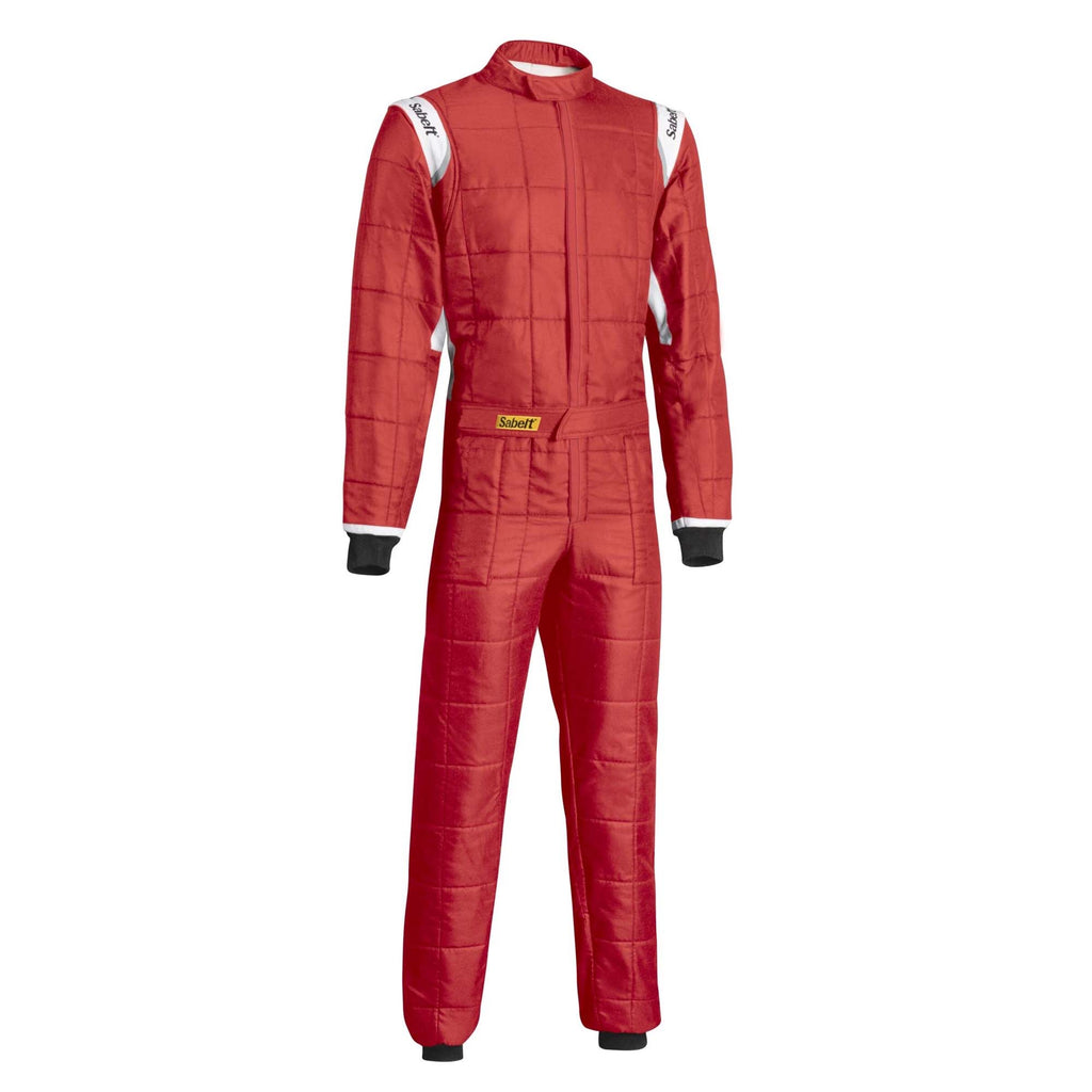 Red racing suit with white shoulder panels and front zipper