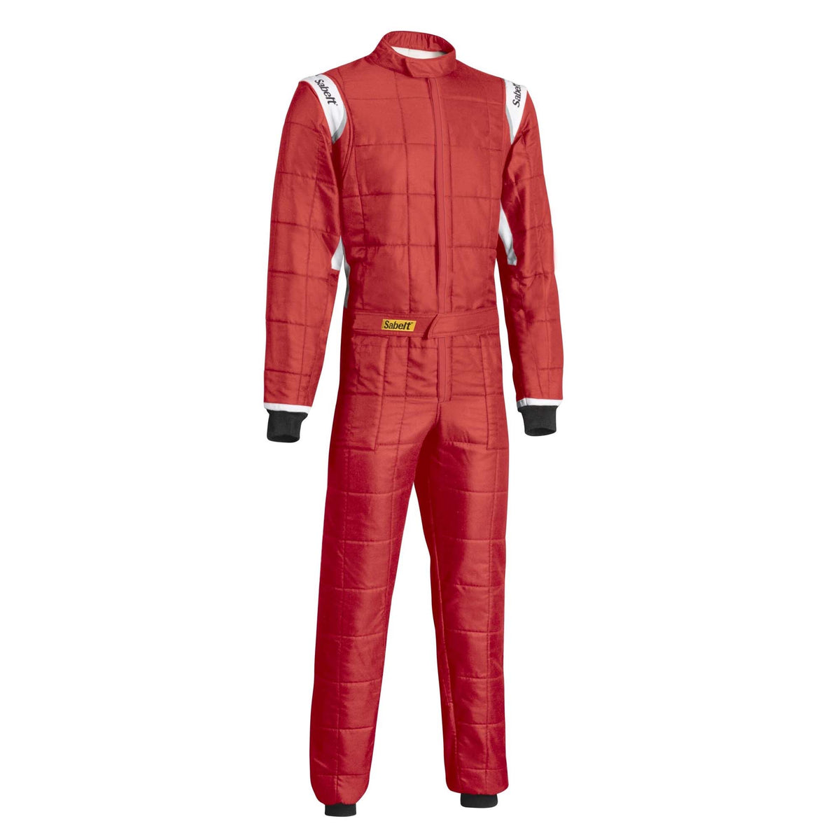 Red racing suit with white shoulder panels and front zipper