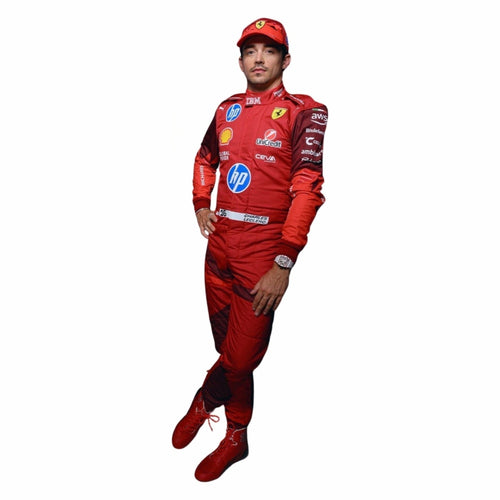Red racing suit with helmet and boots, full-body side pose, sponsor decals on torso