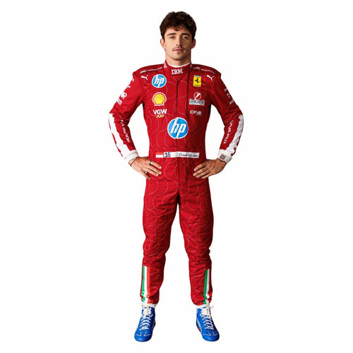 Red F1 racing suit costume with sponsor logos and stripe accents, full body, front view