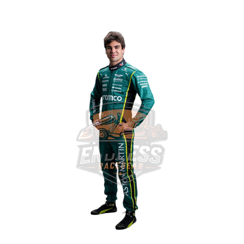 Teal green F1 race suit with aramco logo and yellow graphic stripe, full-body view