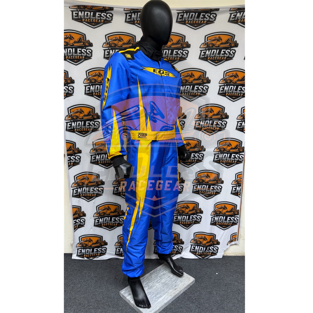 Blue go-kart racing suit with yellow stripes and black trim, three-quarter view.