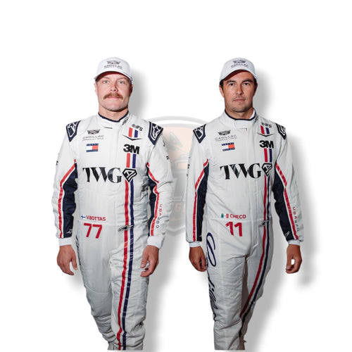 White F1 racing suit with blue and red side stripes, number 11 patch