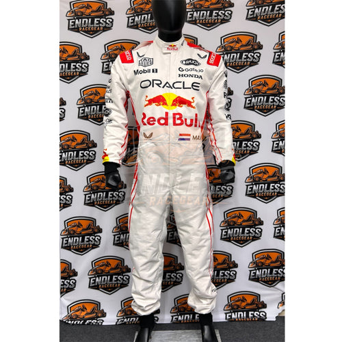 White racing suit with red stripes and ORACLE and Red Bull logos, full body view.