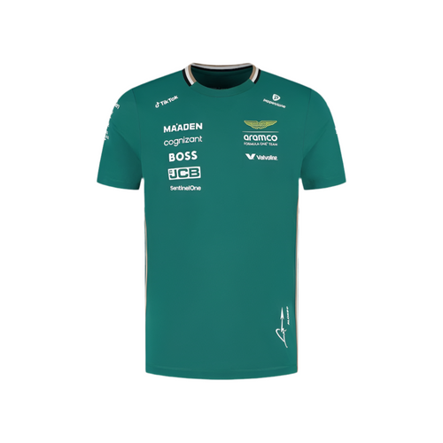 Green racing replica t-shirt with small sponsor logos and JCB/Valvoline emblems