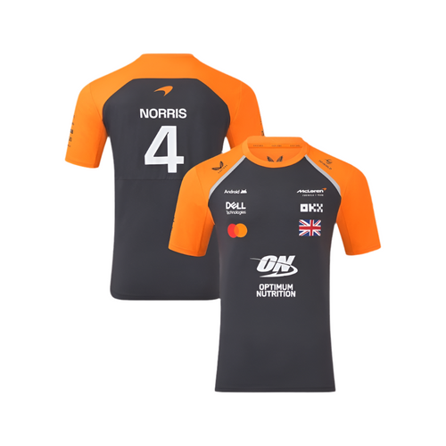 McLaren Norris 4 replica T-shirt in orange and dark, back and front views