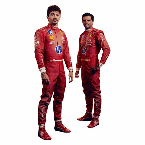 Red F1-style racing suit with long sleeves and logo patches, full-body front view.