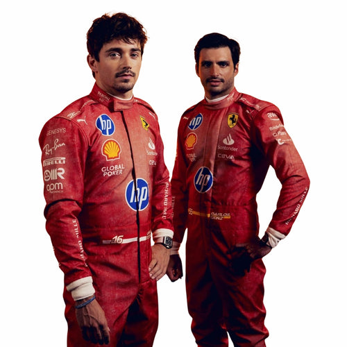 Red F1-style racing suit with long sleeves and logo patches, two-driver full-body view.