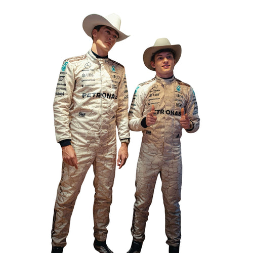 Light cream patterned racing suit worn with a wide-brim hat, full-body view of two people.
