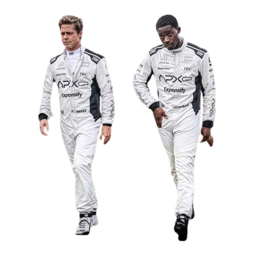 White F1 racing suit with black shoulder and side panels, full-zip front and logos