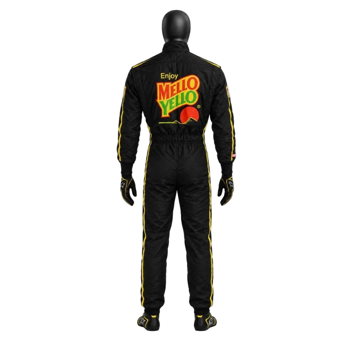 Back of black Mellow Yellow racing suit with yellow piping and large back logo