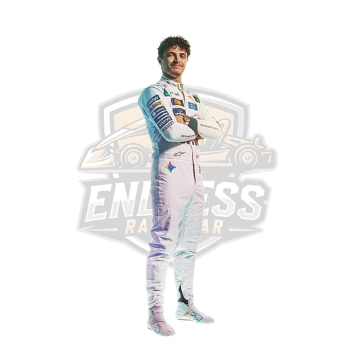 White and light-blue racing suit with sponsor patches, full-body front view