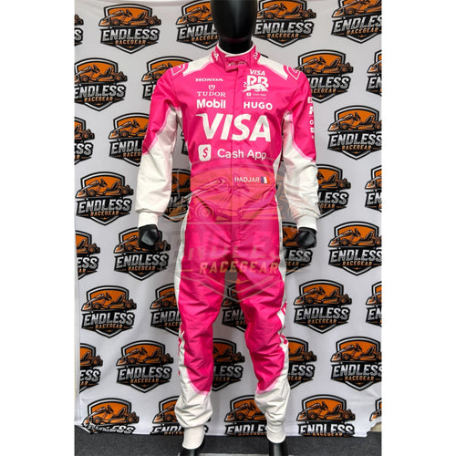 Pink and white racing suit front with VISA and Cash App sponsor logos