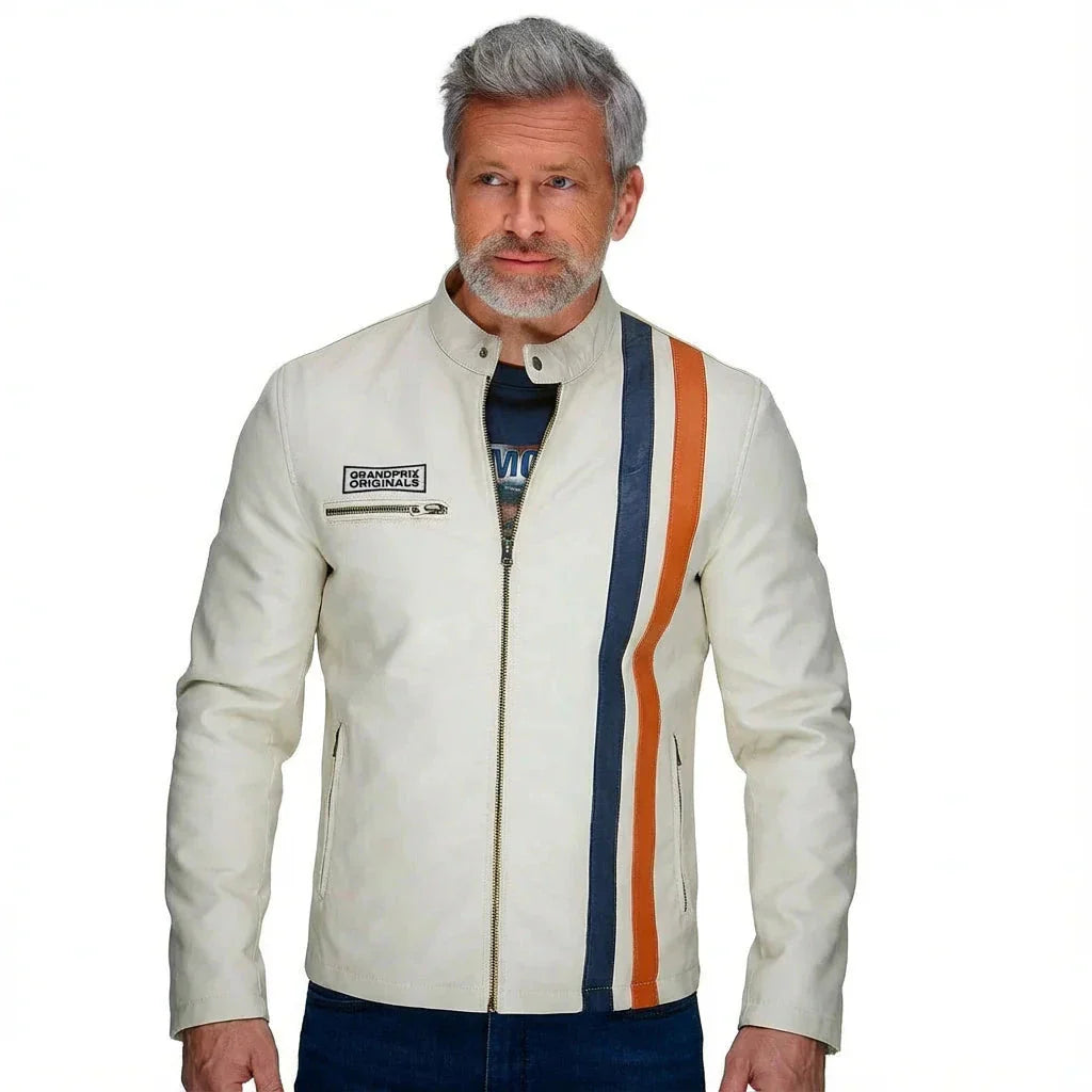 GrandPrix Originals Men's Gulf Roadmaster Lambskin Leather Racing Jacket - Gulf Blue/Navy/Ivory White Jackets GrandPrix Originals USA S White 