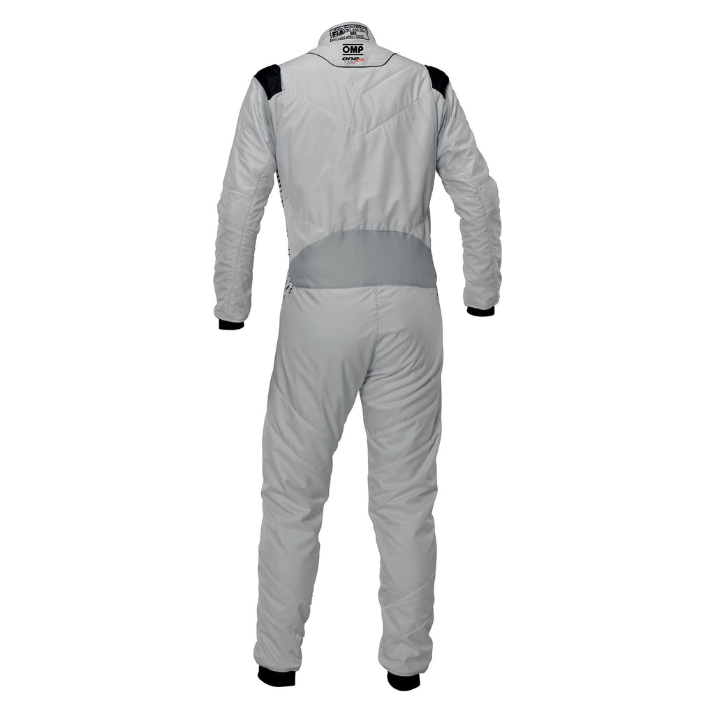 OMP fire-resistant racing suit, light gray back view with black collar area.