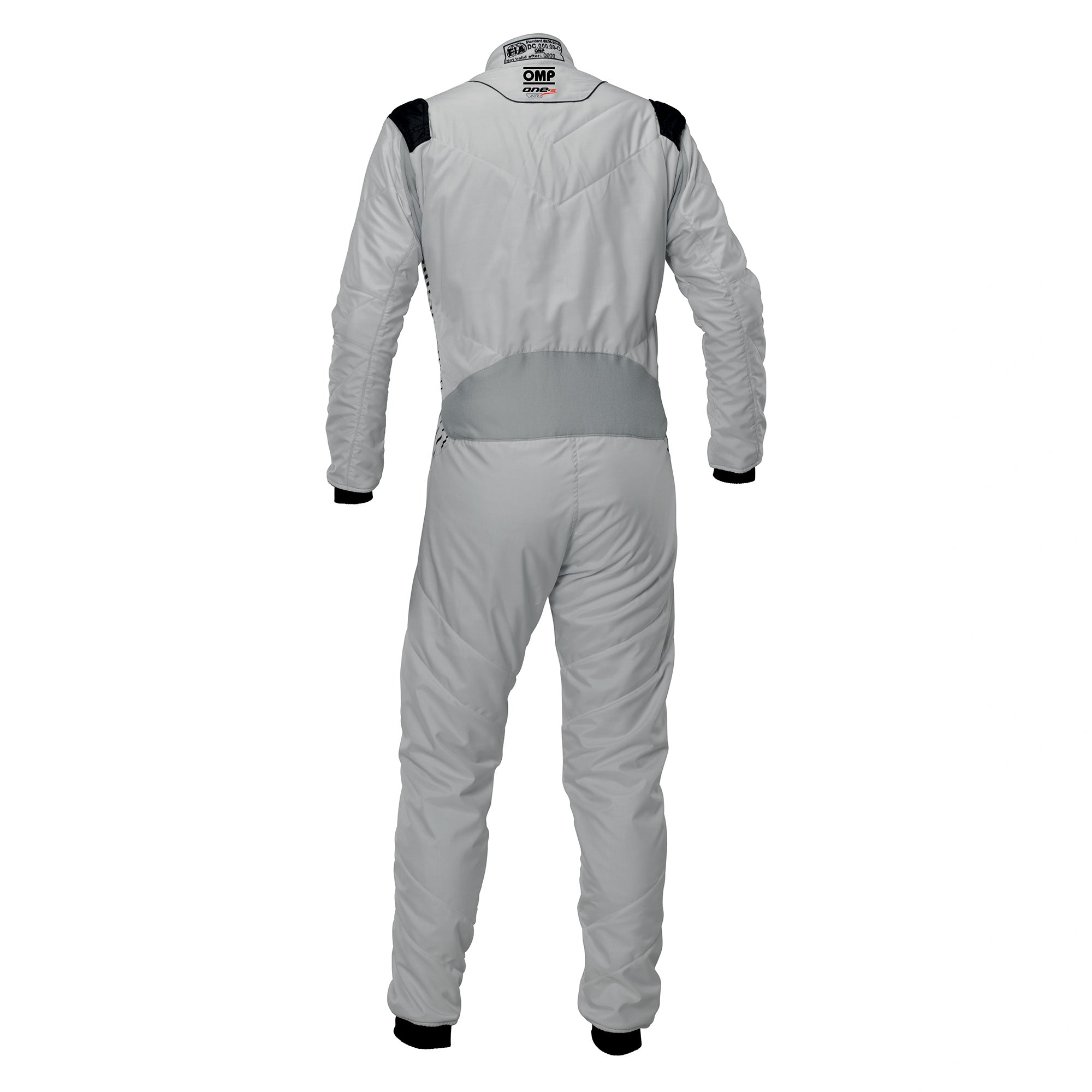 OMP fire-resistant racing suit, light gray back view with black collar area.