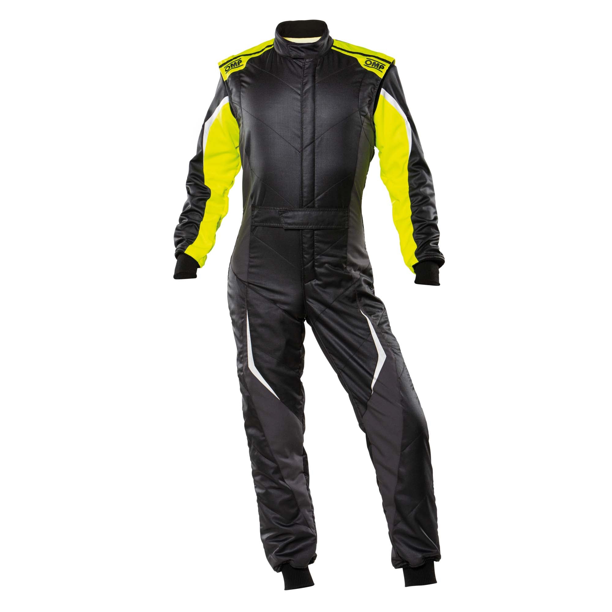 Black racing suit with neon yellow sleeves and side stripes, full-zip and long sleeves