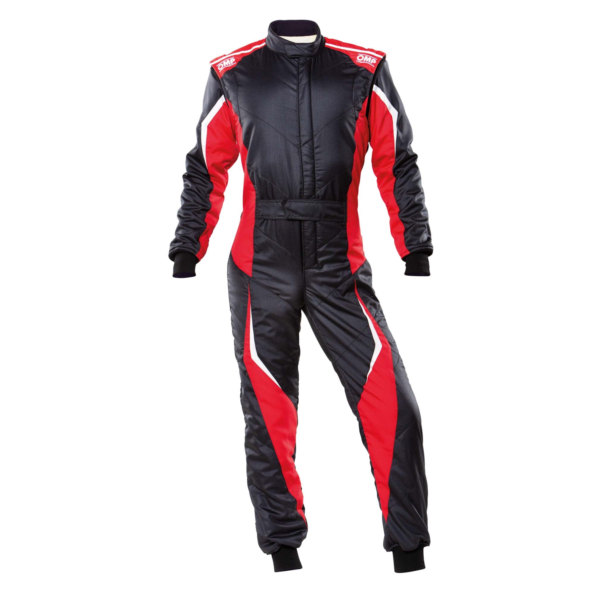 Black racing suit with red side panels and white stripes, full-zip and long sleeves