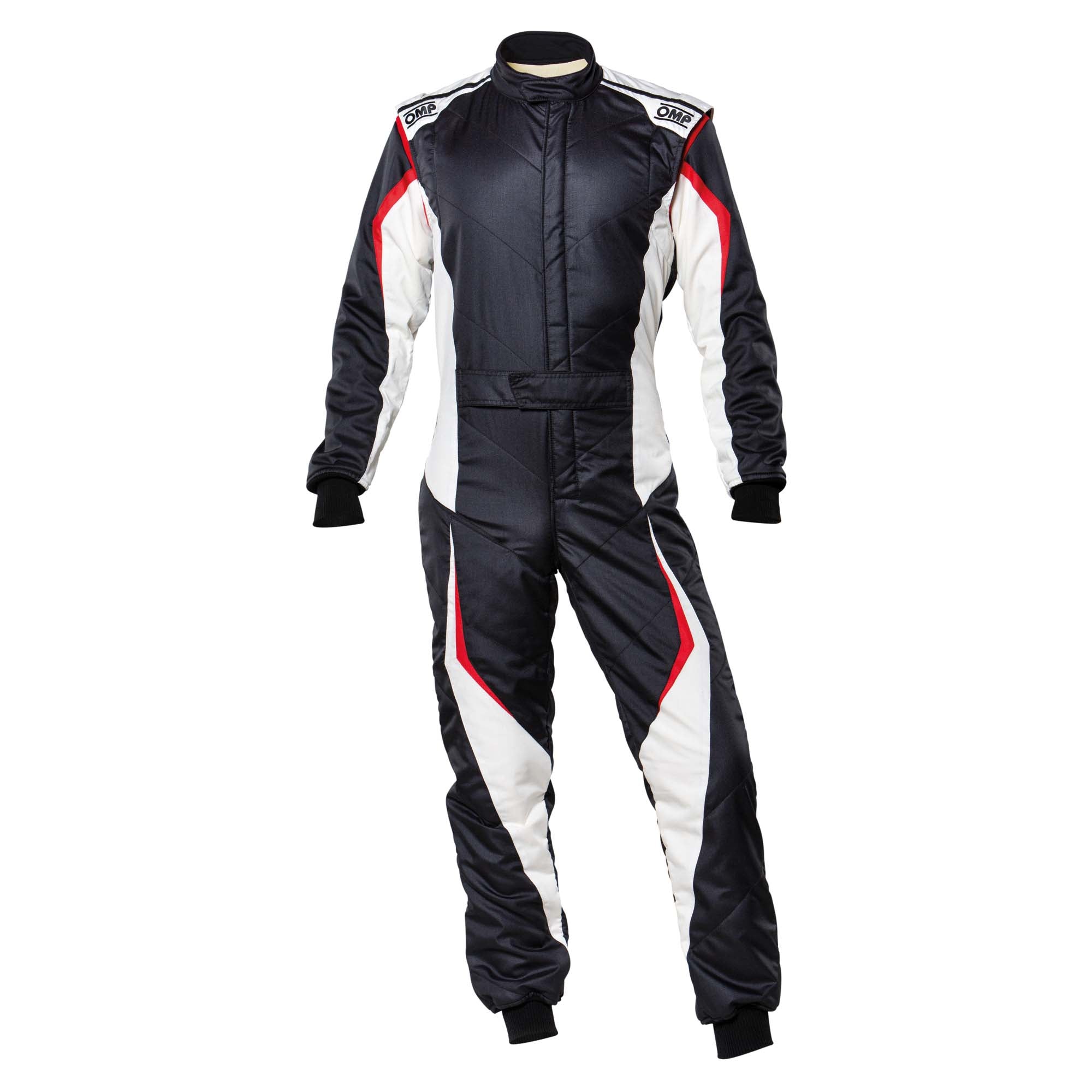 Black racing suit with red and white panel accents, full-zip and long sleeves
