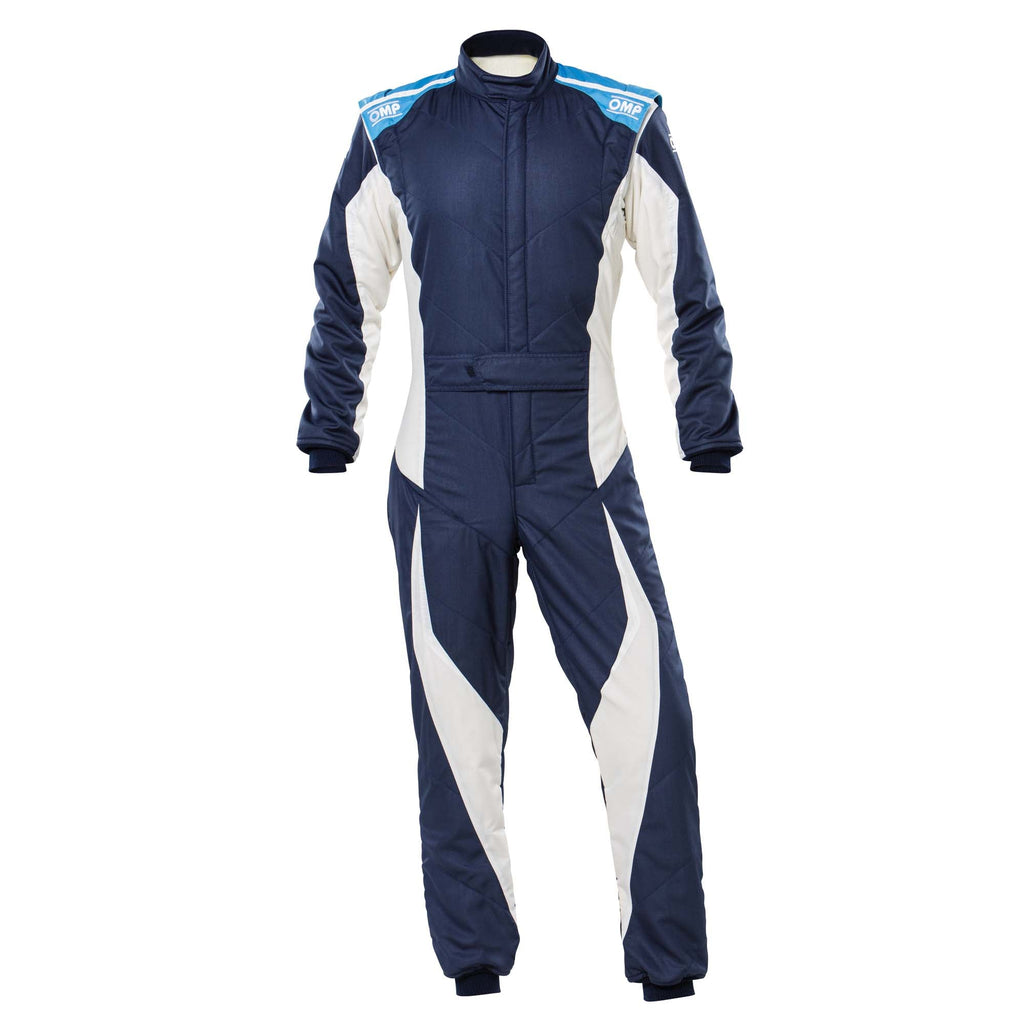 Blue racing suit with white side panels and stripes, full-zip and long sleeves