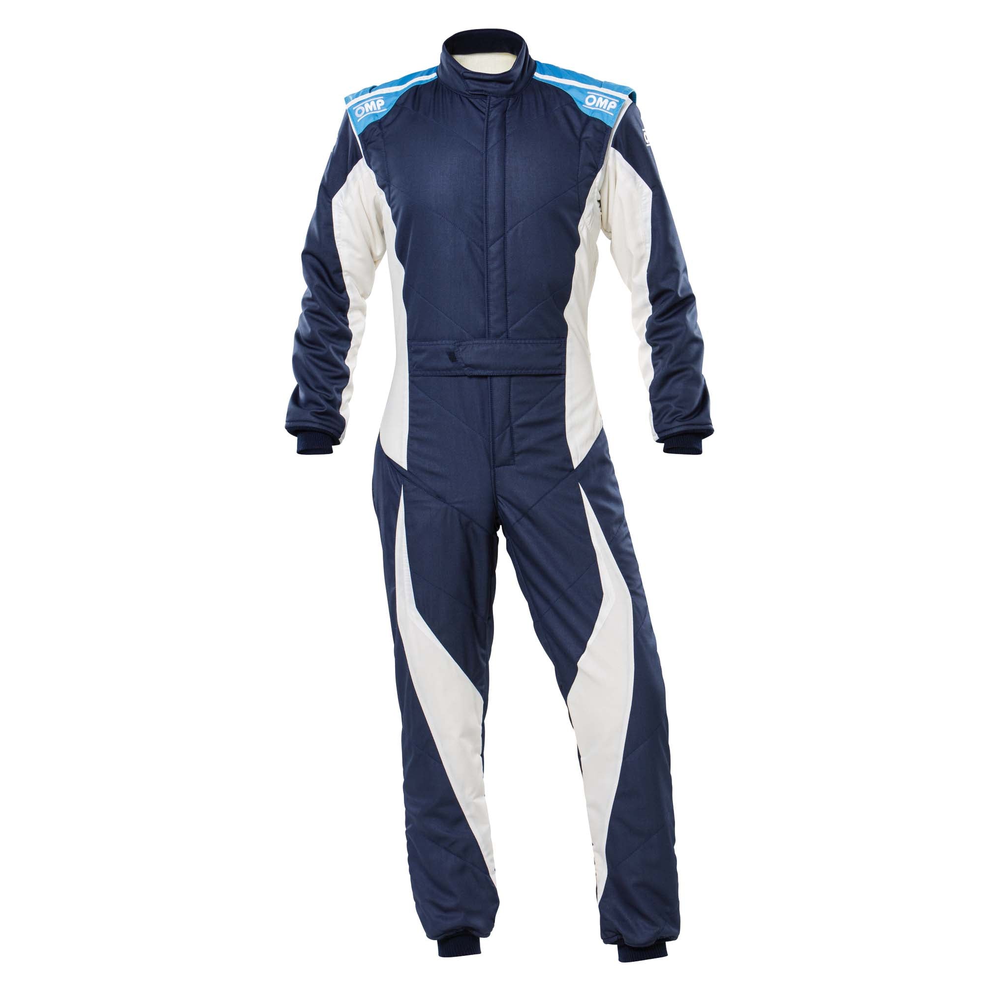Blue racing suit with white side panels and stripes, full-zip and long sleeves