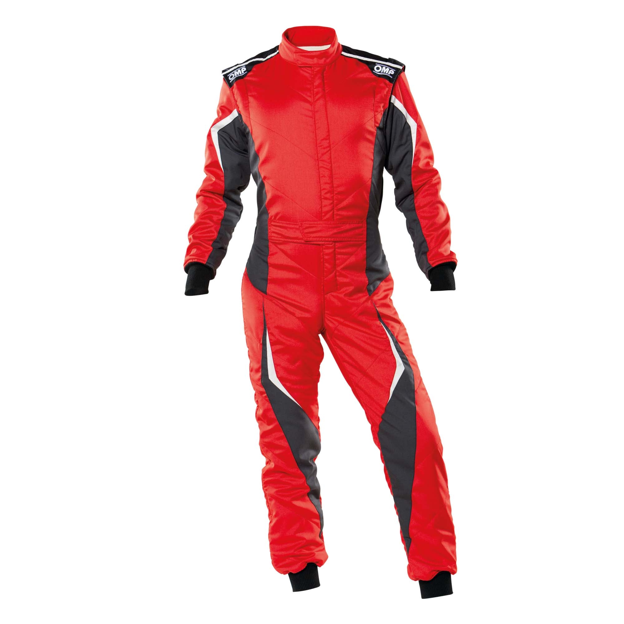 Red racing suit with black sleeves and white accents, full-zip and long sleeves