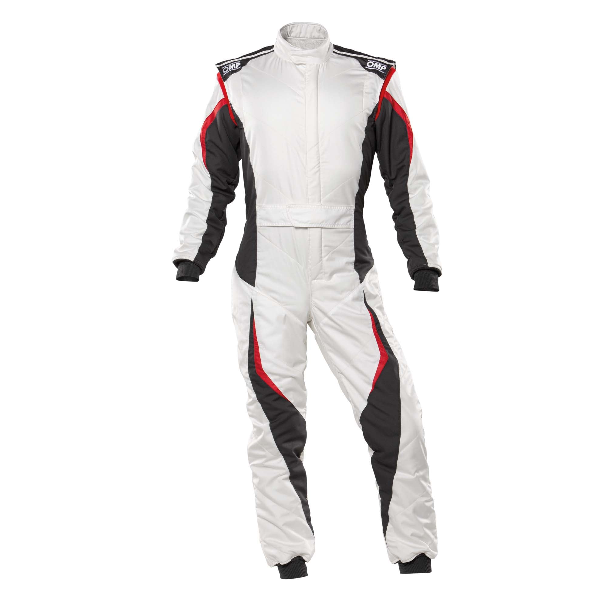 White racing suit with black sleeves and red-trim panels, full-zip and long sleeves