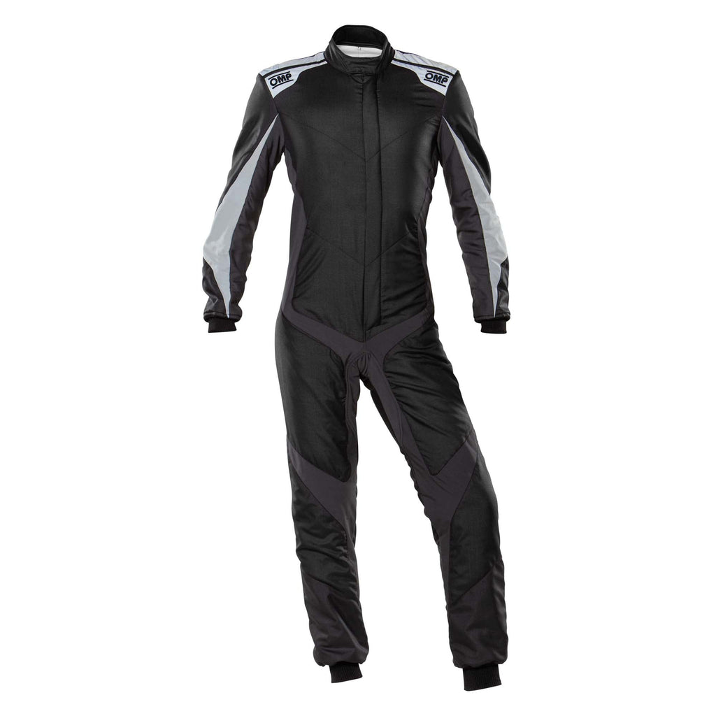 Black racing suit with OMP logos, zip-front and padded panels