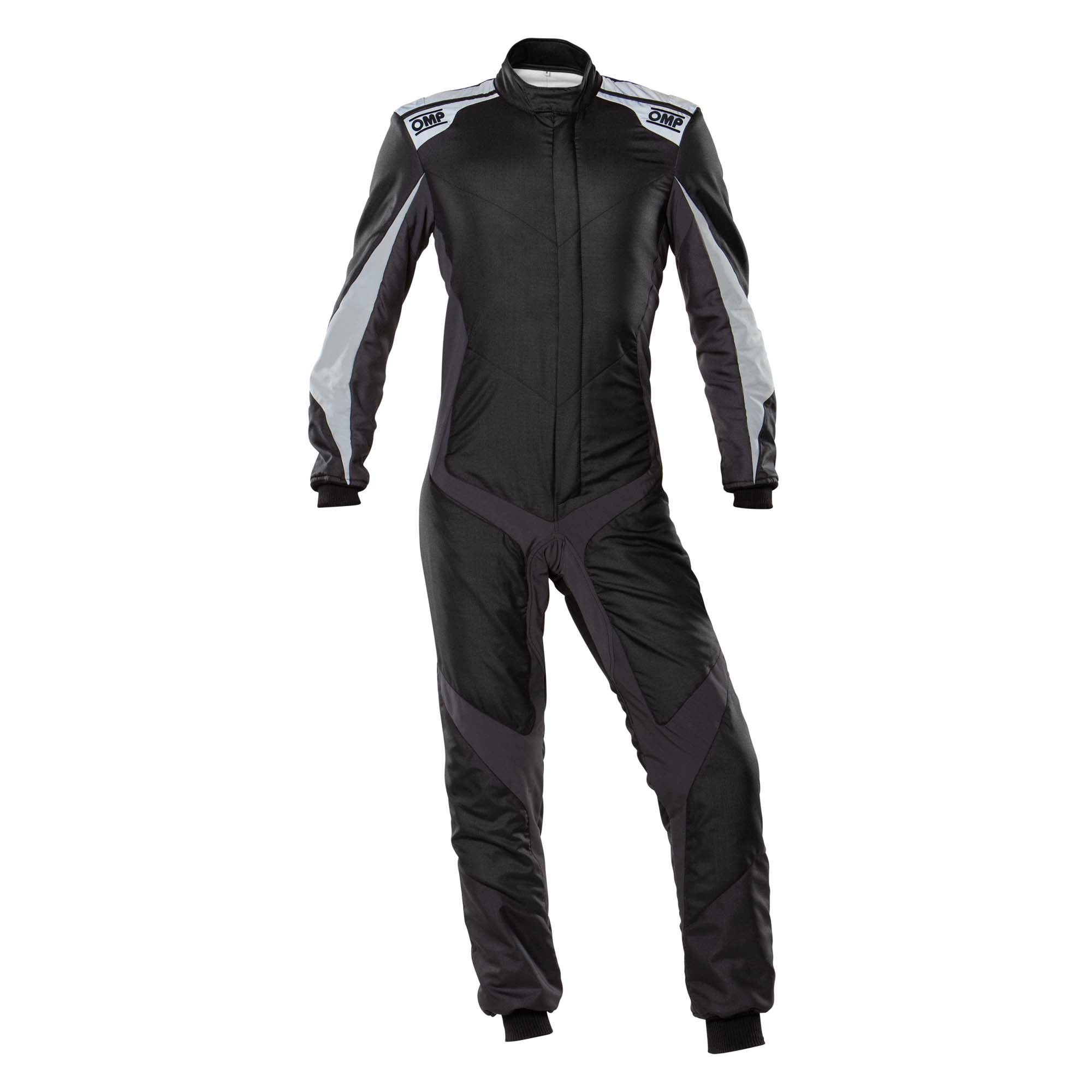 Black racing suit with OMP logos, zip-front and padded panels