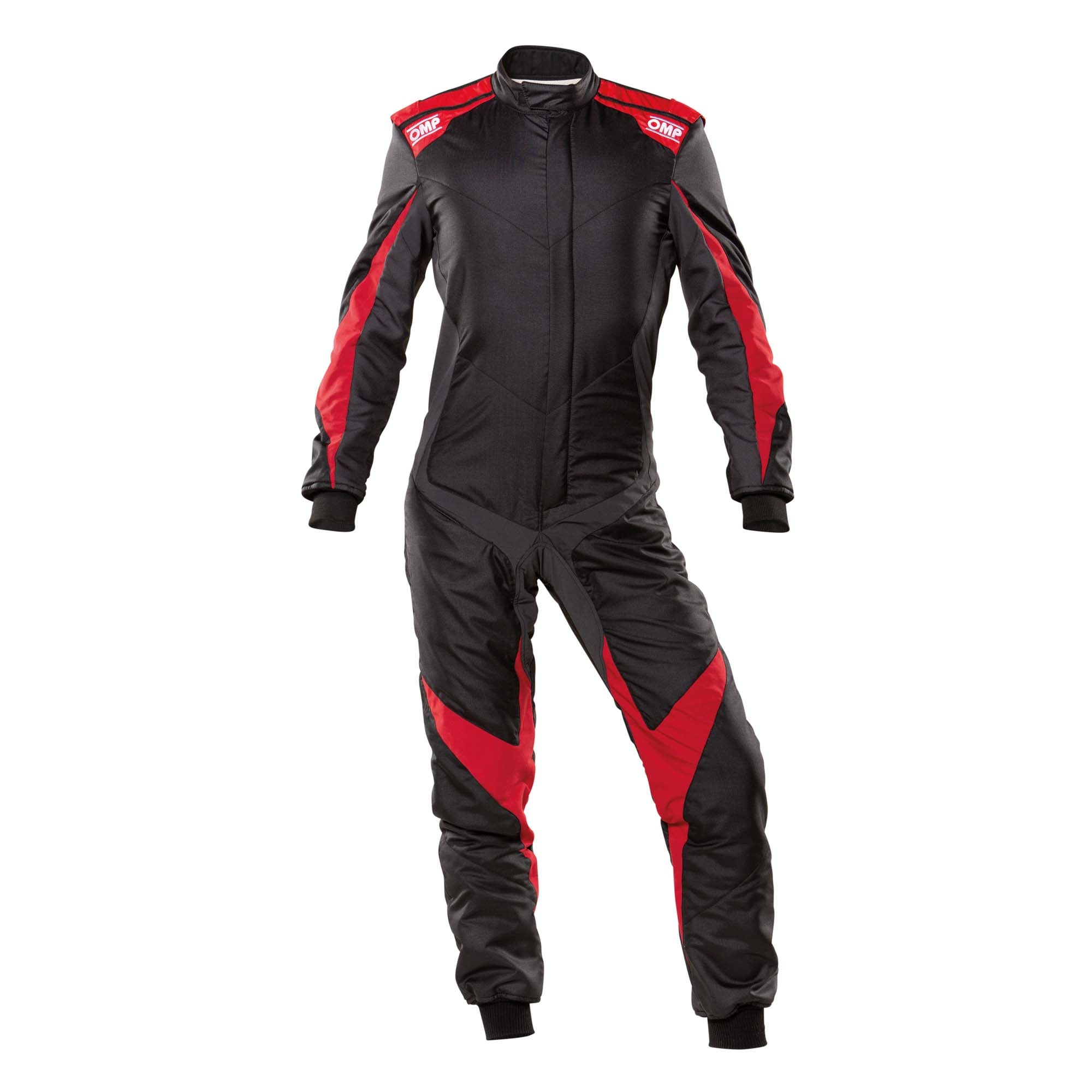 Black racing suit with red side panels and OMP logos, full-length zipper, long sleeves.
