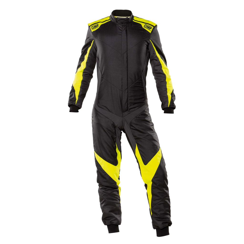 Black racing suit with yellow side panels and OMP logos, full-length zipper, long sleeves.