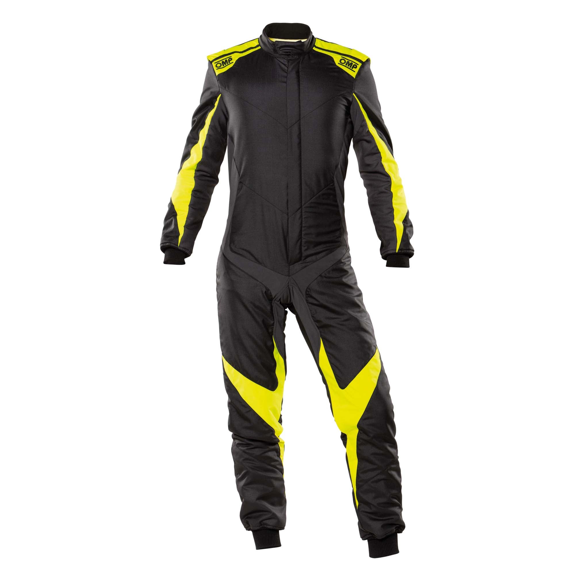 Black racing suit with yellow side panels and OMP logos, full-length zipper, long sleeves.