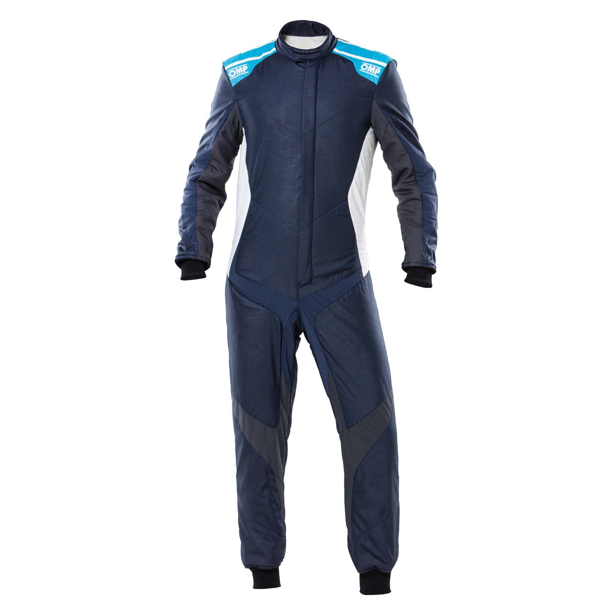 Navy racing suit with cyan OMP logos and accents, full-length zipper, long sleeves.