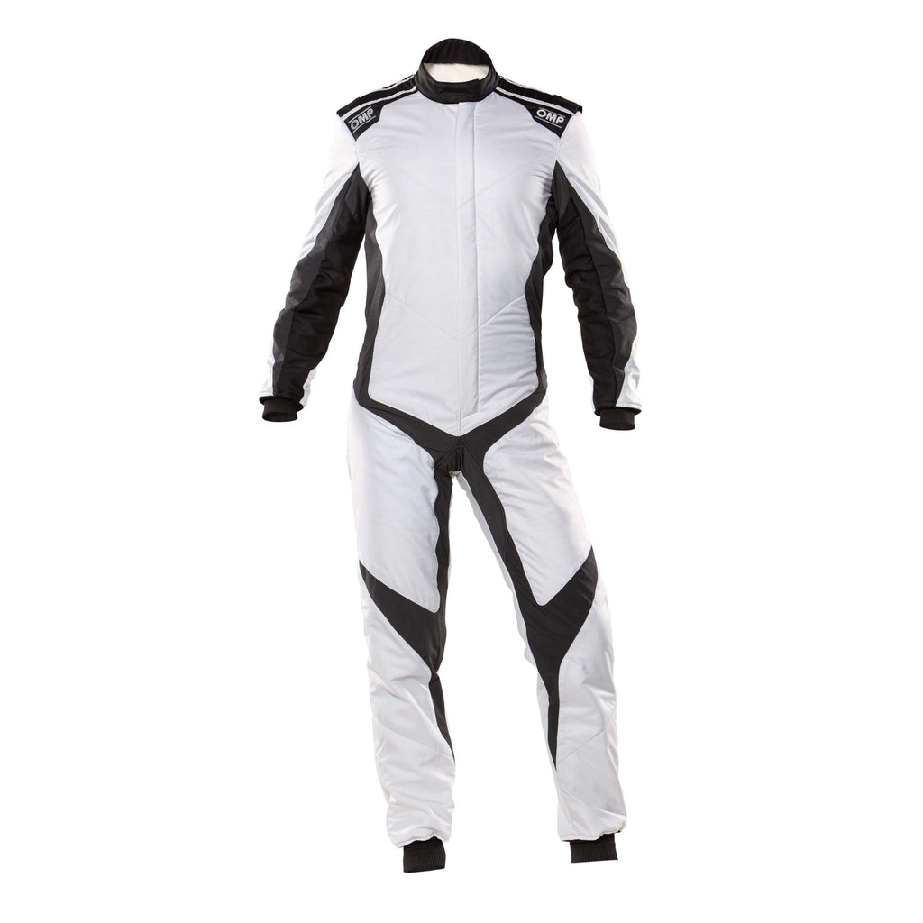White/silver racing suit with black side panels and OMP logos, full-length zipper, long sleeves.